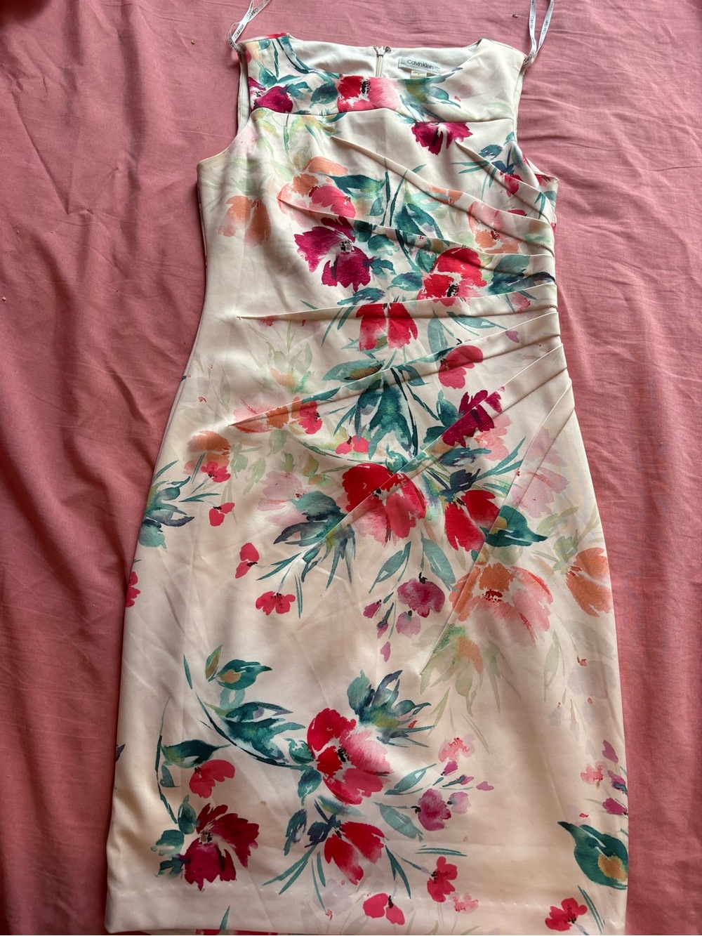 Calvin Klein Ivory Midi Dress with Pink & Teal Floral Print